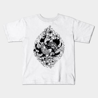 Yin Yang Koi fish in wave and sakura flowers Kids T-Shirt